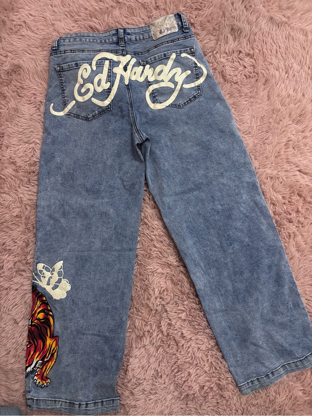Ed Hardy Blue Denim Jeans with Cream Logo and Multicolor Tiger